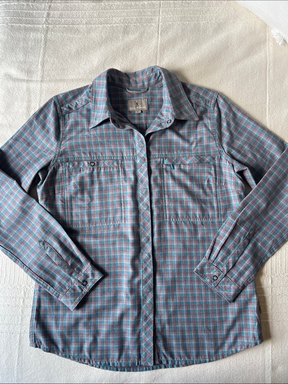 Royal Robbins Women’s Teal and Coral Plaid Button-Down Shirt